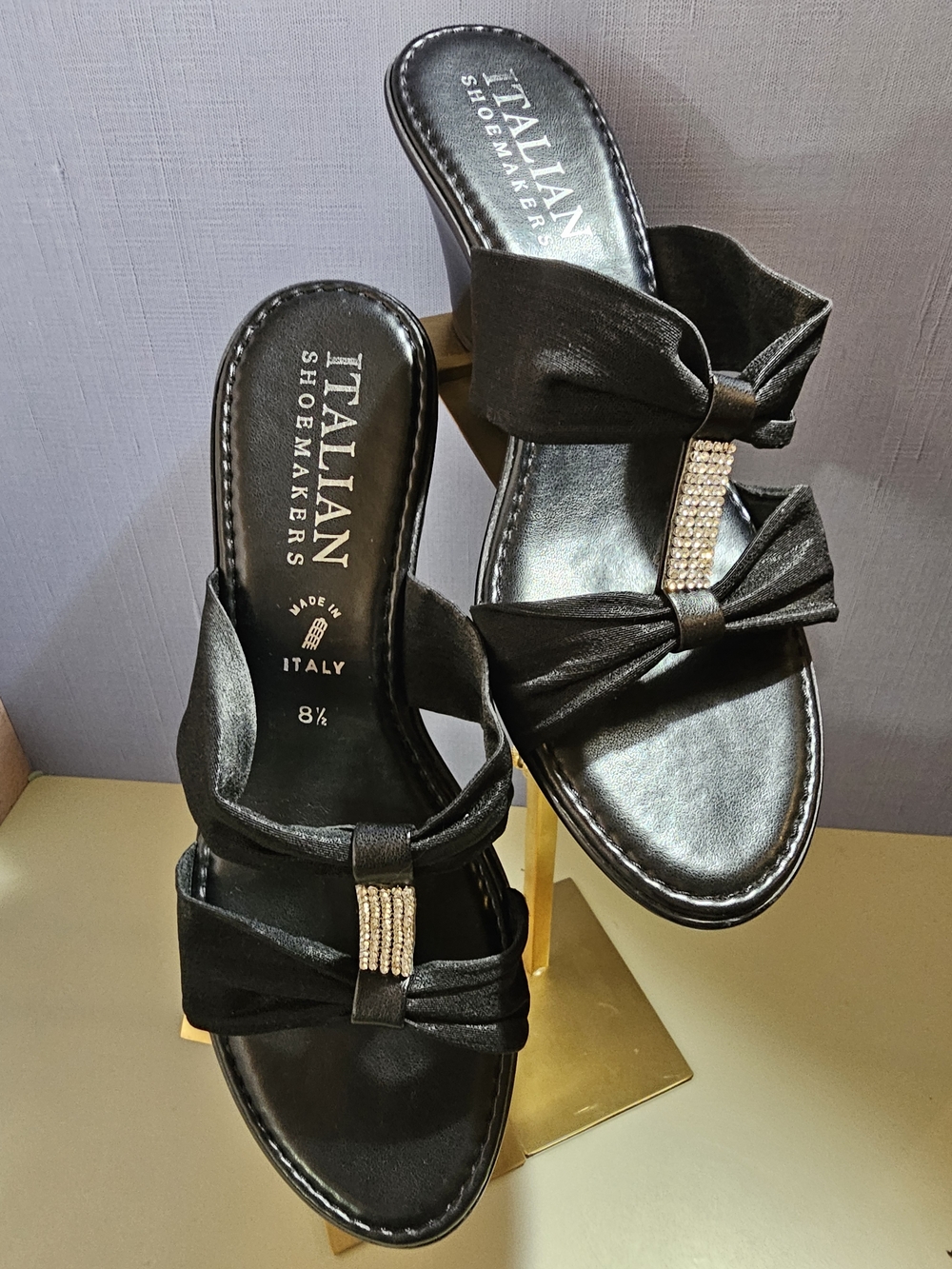 Italian Shoemakers Black Bow Slip-On Sandals with Crystal Accent